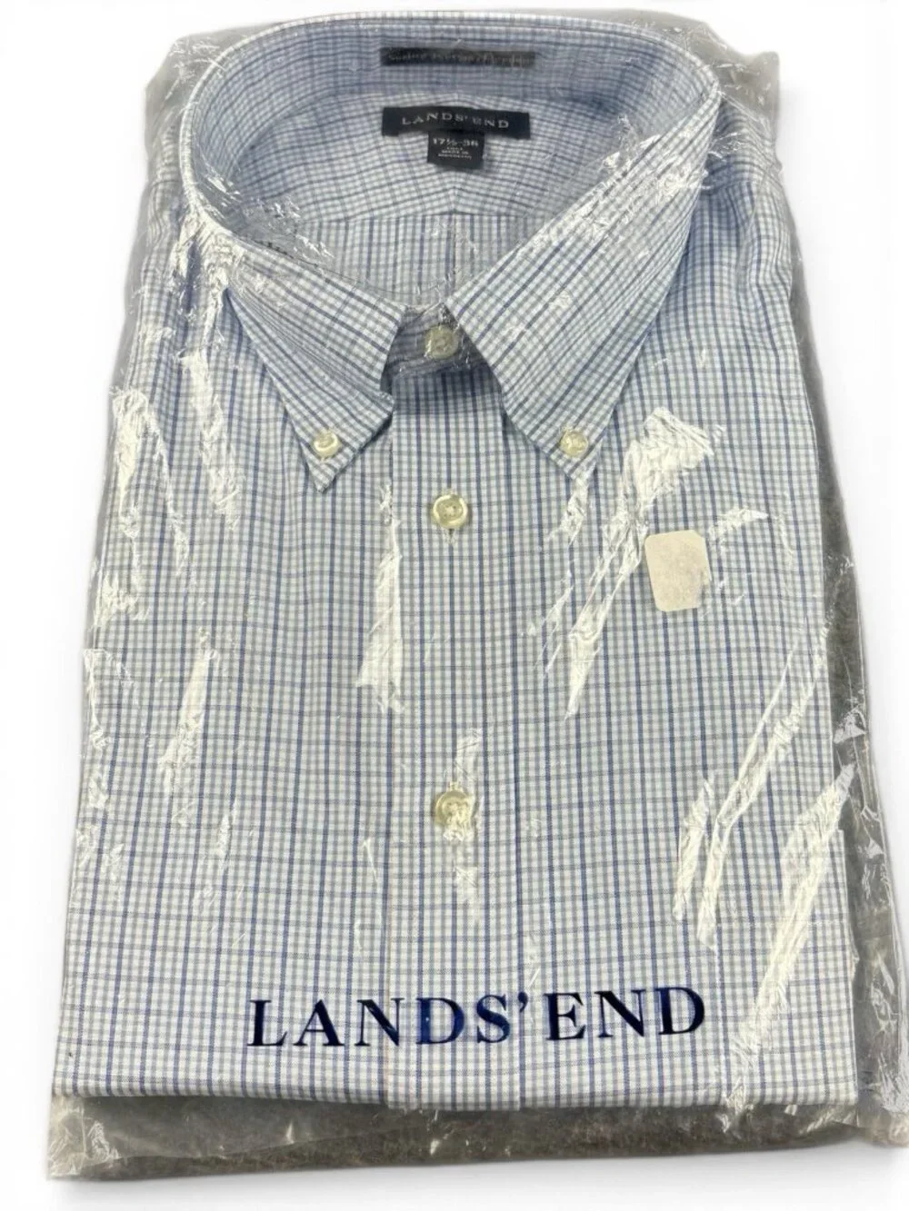 Lands’ End Men’s Dress Shirt 17.5-36 Tall Blue Mini Check Button Down - Picture 1 of 6